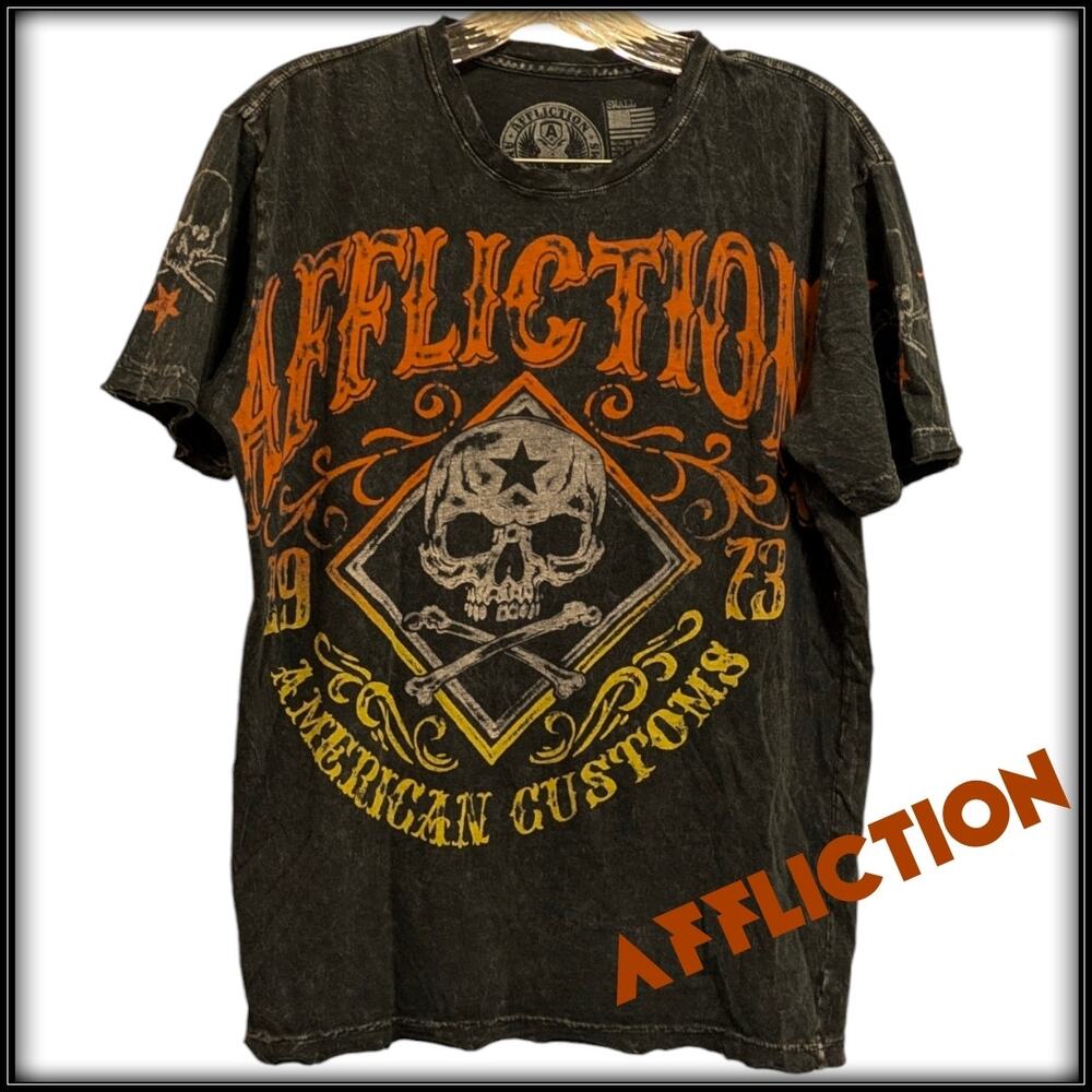 AFFLICTION American Customs 1973 Short Sleeve T-shirt Gray Orange Men's S-M